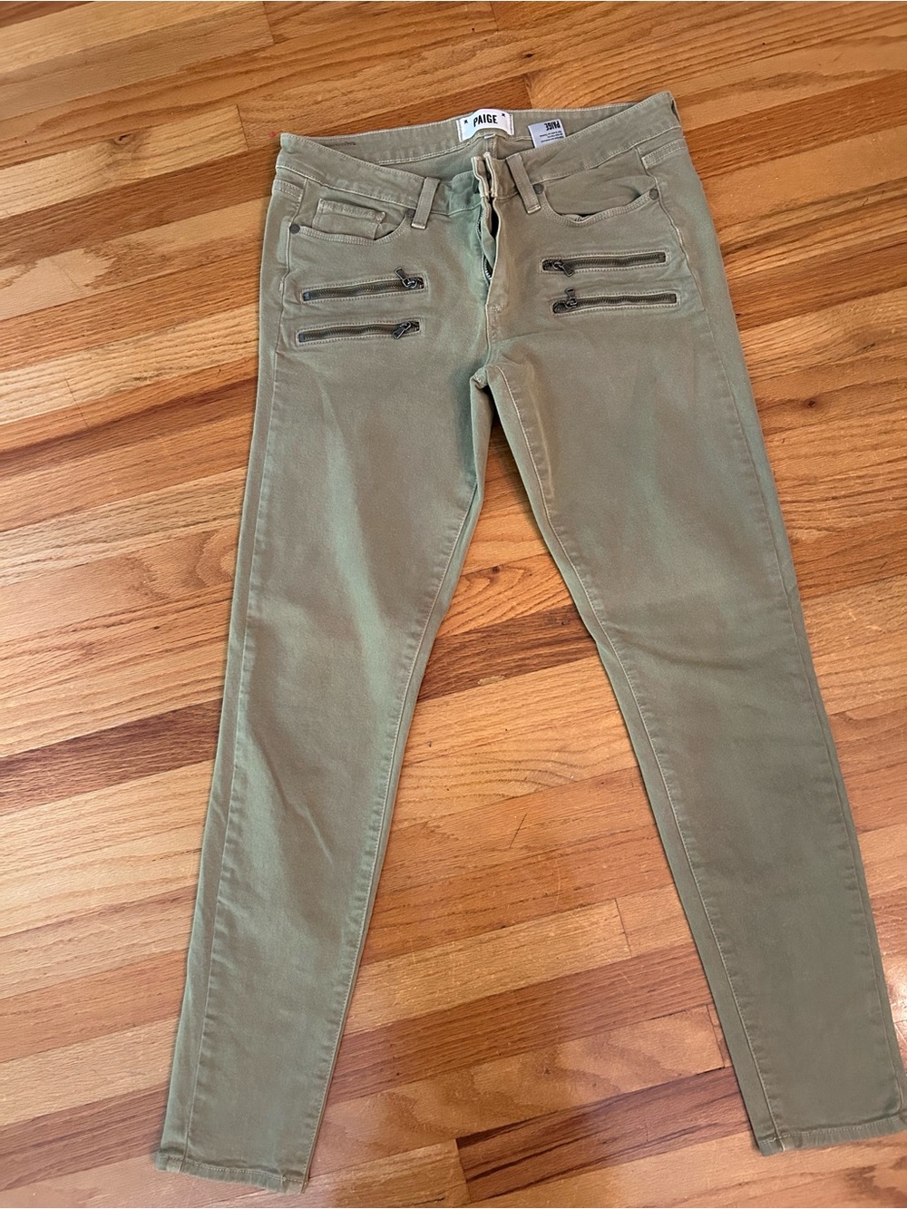 PAIGE Edgemont Olive Green Skinny Jeans with Zipper Detail Size 30